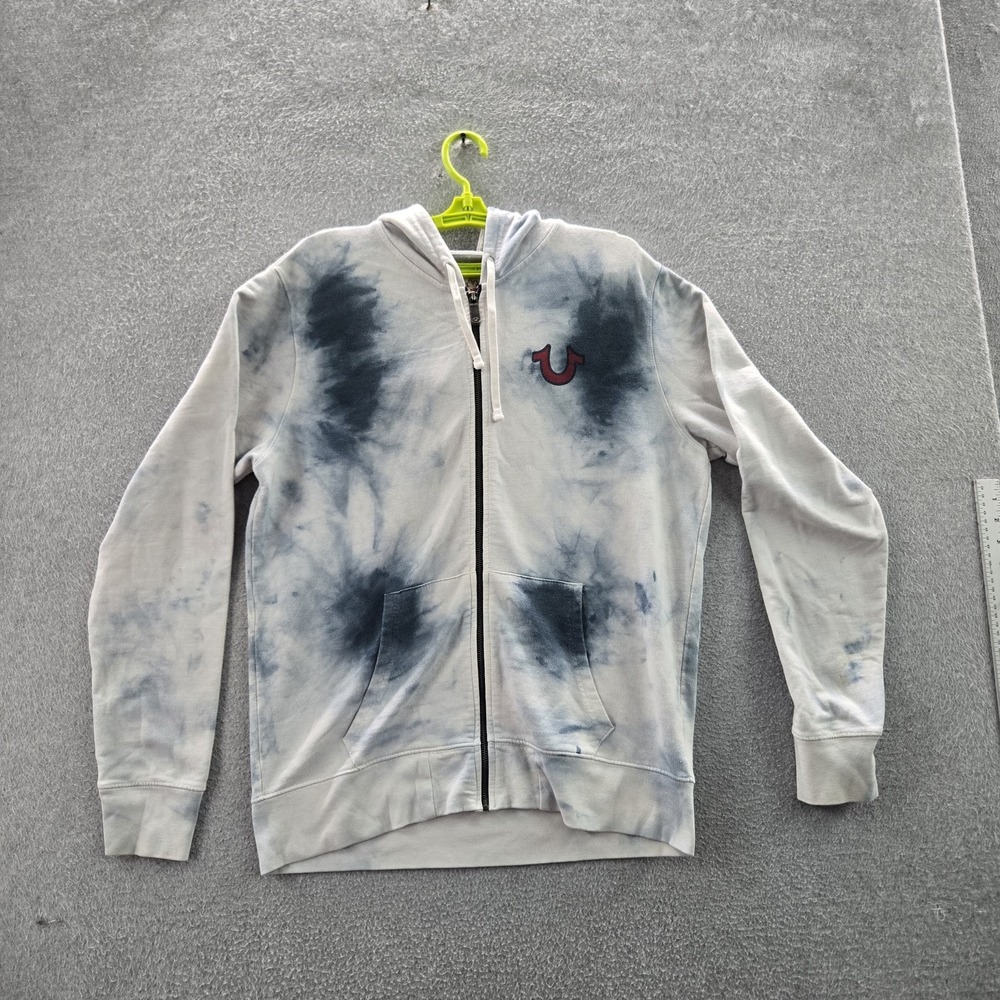 True Religion Men Hoodie L Gray Tie Dye Guitar Buddha Logo Graphic Zipper Patch